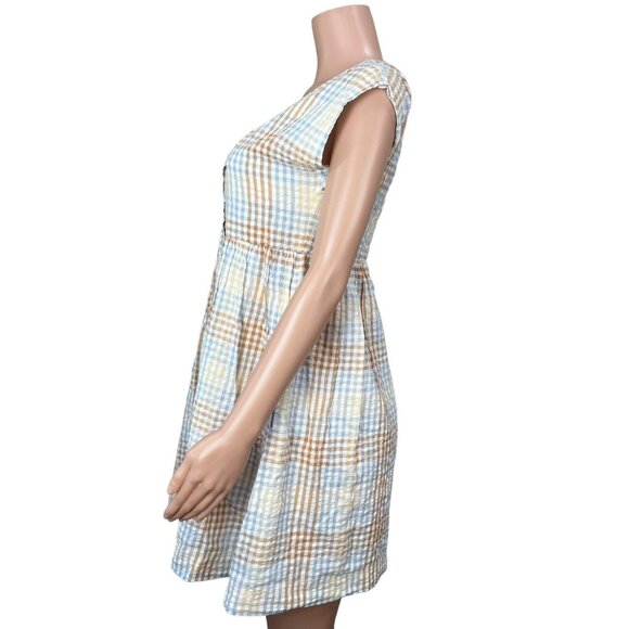Madewell Womens Mini Dress Size XS Seer Sucker Brown Plaid -V Neck -Half Button - Picture 10 of 12